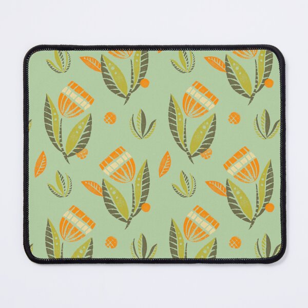Item preview, Beautiful block printed flower pattern in green and orange on pistachio designed and sold by KOUZZA.