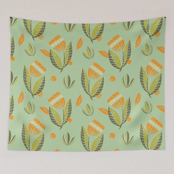 Item preview, Beautiful block printed flower pattern in green and orange on pistachio designed and sold by KOUZZA.