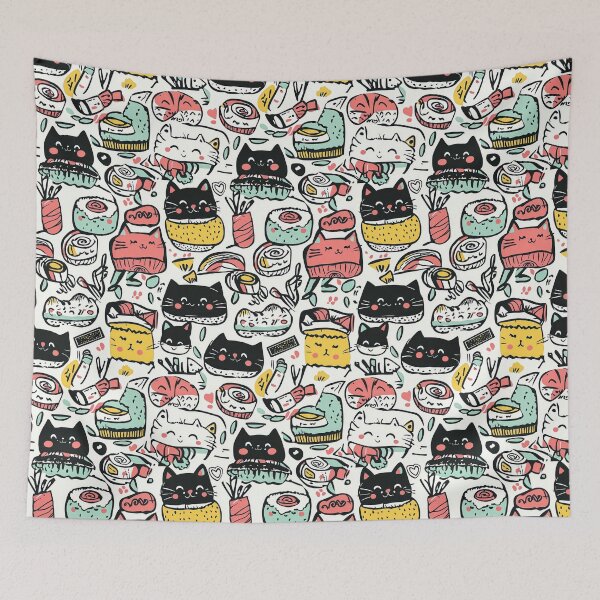 Item preview, Whimsical cat and sushi doodles in soft colors designed and sold by Piotrek0001.