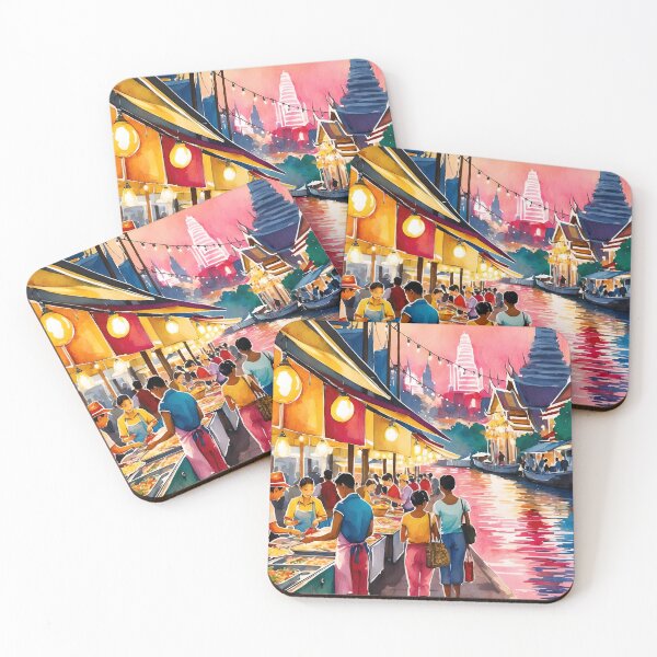 Item preview, Bangkok Night Market Vintage Travel Poster | Watercolor Street Scene Art designed and sold by Artineer.