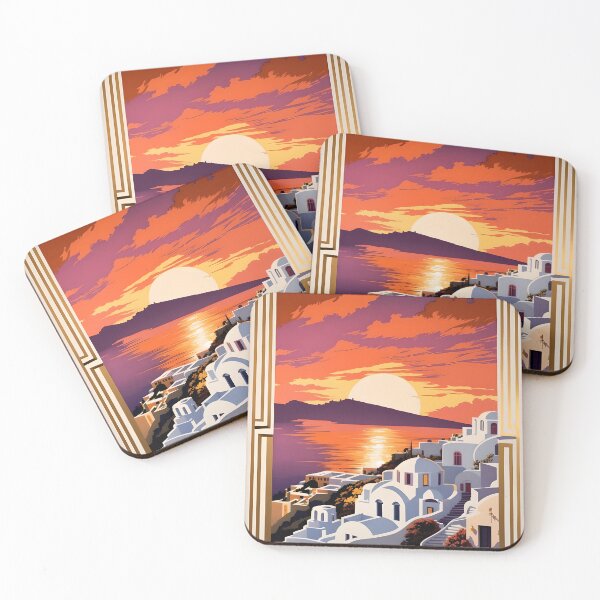Item preview, Santorini Art Deco Travel Poster | Vintage Sunset Greek Island Print designed and sold by Artineer.