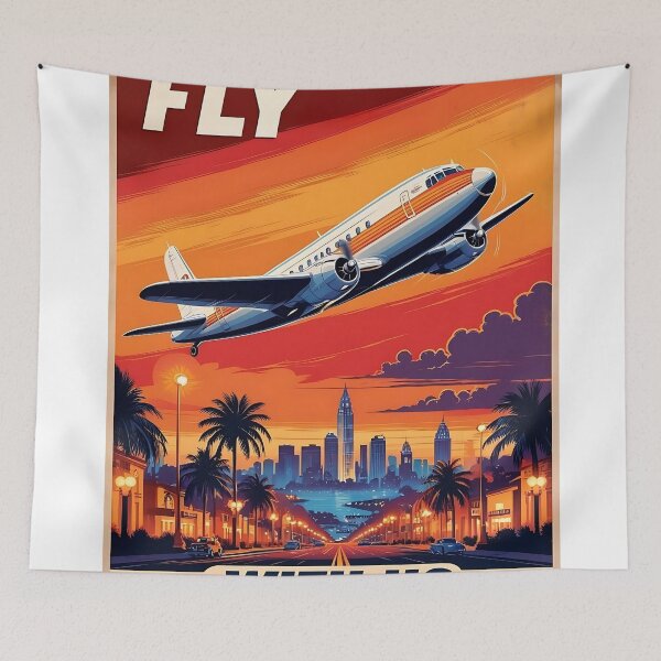 Item preview, Vintage Travel Poster – 1950s Airliner Over Sunset City designed and sold by EMairplanes.