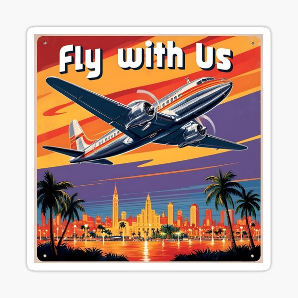 Item preview, Retro 1950s Airliner Travel Poster – Sunset Flight Over City designed and sold by EMairplanes.