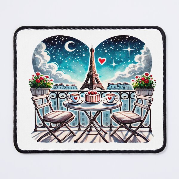 Item preview, Paris Love Balcony - Romantic Night with Eiffel Tower, Heart-Shaped Sky, Coffee and Cake for Two designed and sold by KreaDesignOne.
