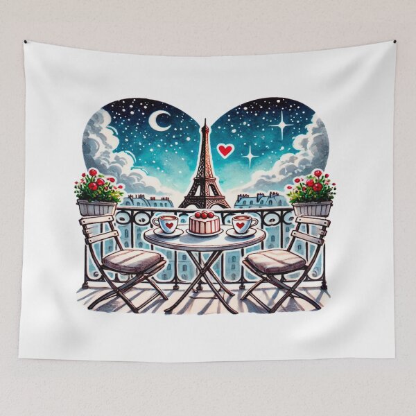 Item preview, Paris Love Balcony - Romantic Night with Eiffel Tower, Heart-Shaped Sky, Coffee and Cake for Two designed and sold by KreaDesignOne.