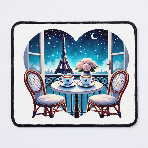 Item preview, Romantic Night View of Eiffel Tower with Coffee, Pink Roses, and Crescent Moon - Paris Love Balcony designed and sold by KreaDesignOne.