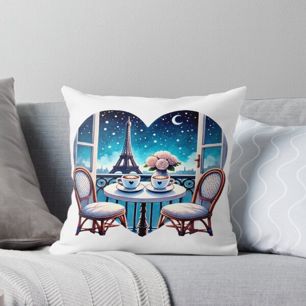 Item preview, Romantic Night View of Eiffel Tower with Coffee, Pink Roses, and Crescent Moon - Paris Love Balcony designed and sold by KreaDesignOne.