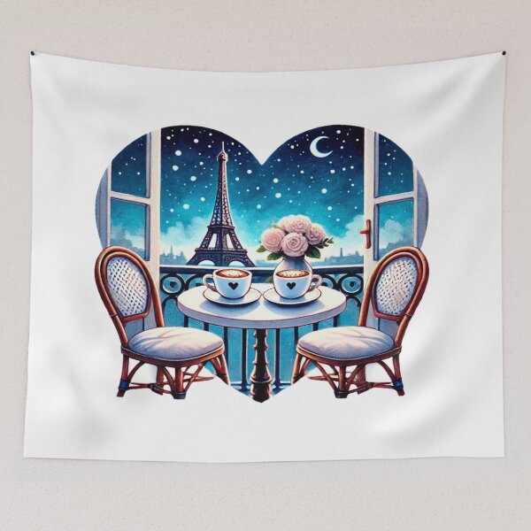 Item preview, Romantic Night View of Eiffel Tower with Coffee, Pink Roses, and Crescent Moon - Paris Love Balcony designed and sold by KreaDesignOne.