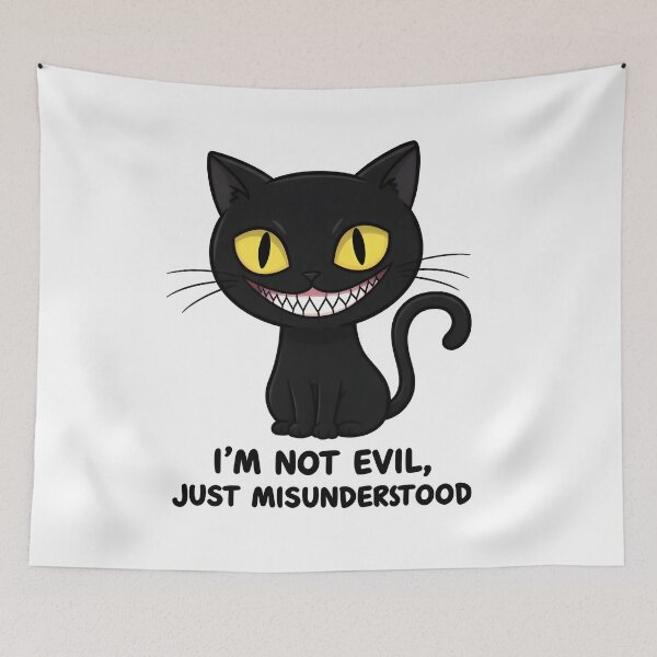Item preview, Playful Black Cat Smiling with Mischievous Expression on Black Background designed and sold by RUMOOROZ.