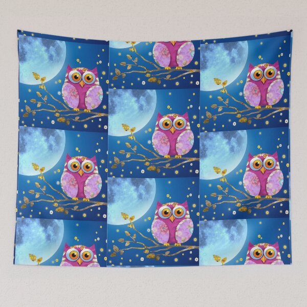 Item preview, Whimsical Floral Owl Under Moonlit Night Sky - Cute and Colorful Owl Art Print for Nature Lovers designed and sold by Psycho-Crazy.