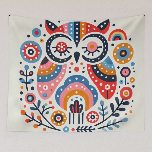 Item preview, Scandinavian Folk Art Rainbow Animals - Cute Colourful Sleepy Owl by heidiannemorris designed and sold by FOLK ART FUSION by heidiannemorris.