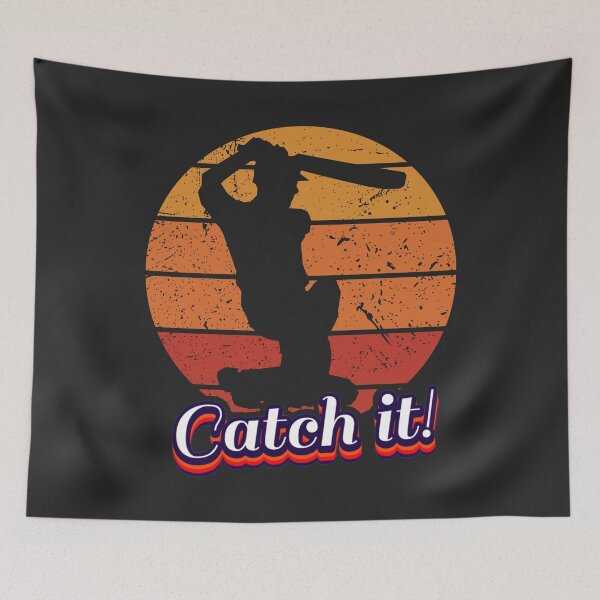 Item preview, Catch It! Cricket Player Swinging Against Orange Stripes Black Energy designed and sold by SplashTastic.