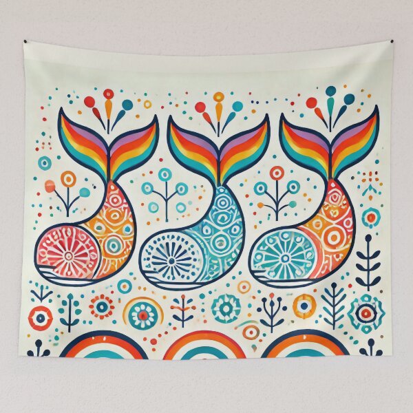 Item preview, Scandinavian Folk Art Rainbow Animals - Three Whale Tails by heidiannemorris designed and sold by FOLK ART FUSION by heidiannemorris.