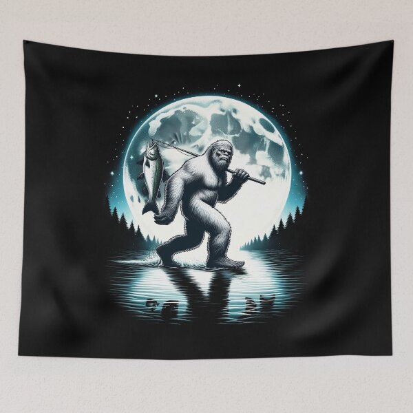 Item preview, Bigfoot Sasquatch Fishing Fishermen Hunting Fish Moon designed and sold by Kimberley King Art  King Art.