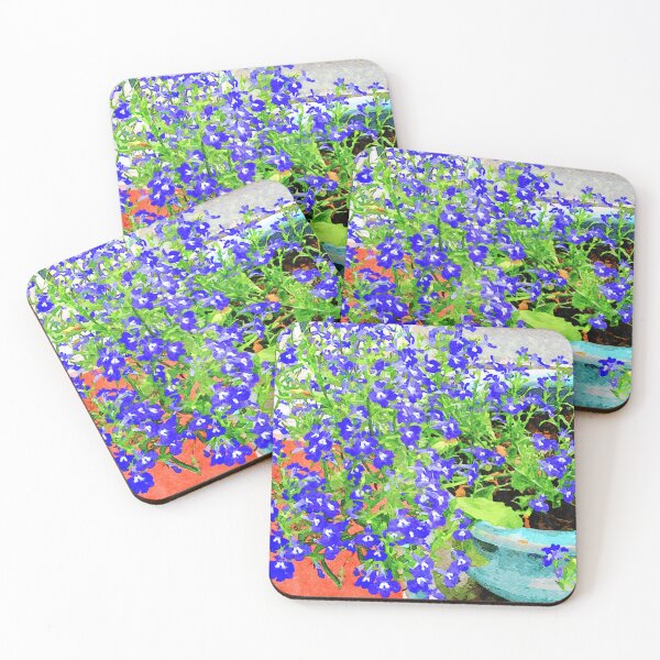 Item preview, Vibrant watercolor painting of blue lobelia flowers in a garden pot designed and sold by GestaltImagery.