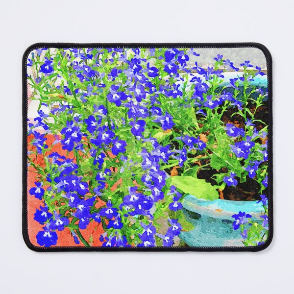 Item preview, Vibrant watercolor painting of blue lobelia flowers in a garden pot designed and sold by GestaltImagery.