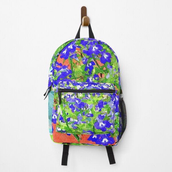 Item preview, Vibrant watercolor painting of blue lobelia flowers in a garden pot designed and sold by GestaltImagery.