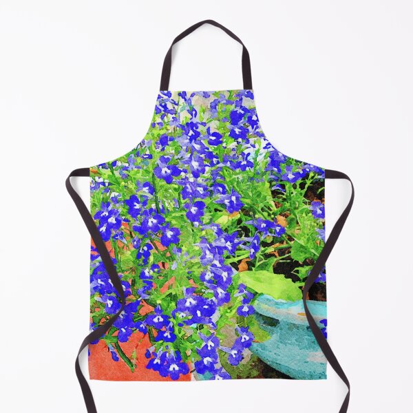 Item preview, Vibrant watercolor painting of blue lobelia flowers in a garden pot designed and sold by GestaltImagery.