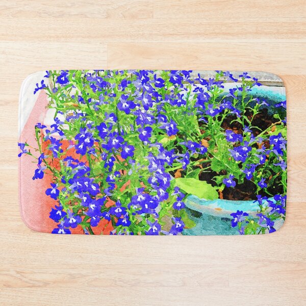 Item preview, Vibrant watercolor painting of blue lobelia flowers in a garden pot designed and sold by GestaltImagery.