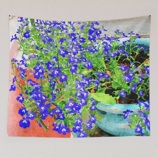 Item preview, Vibrant watercolor painting of blue lobelia flowers in a garden pot designed and sold by GestaltImagery.