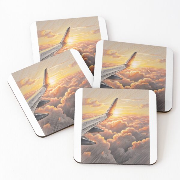 Item preview, Golden Sunrise Flight – Sketch of Airplane Wing Above Clouds designed and sold by EMairplanes.