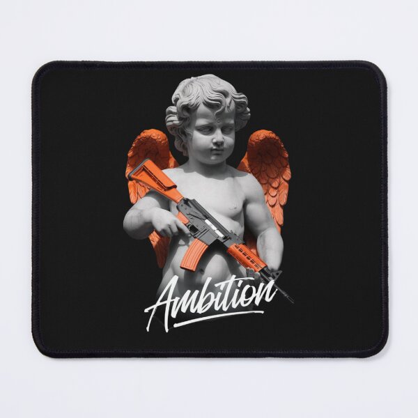 Item preview, a classical stone statue of a cherub in grayscale with an ak-47 designed and sold by 123ks.