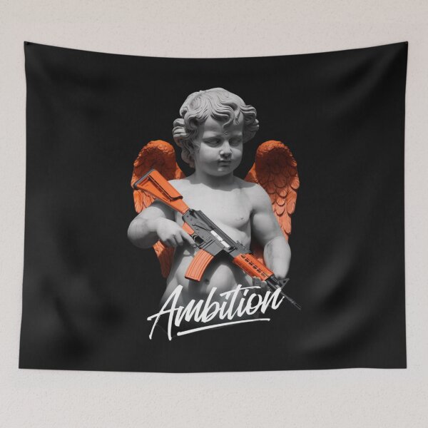 Item preview, a classical stone statue of a cherub in grayscale with an ak-47 designed and sold by 123ks.