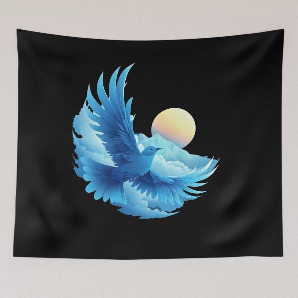 Item preview, Majestic Blue Bird in the Sky with Sun and Clouds – Fantasy Art designed and sold by EmiBarDesign.