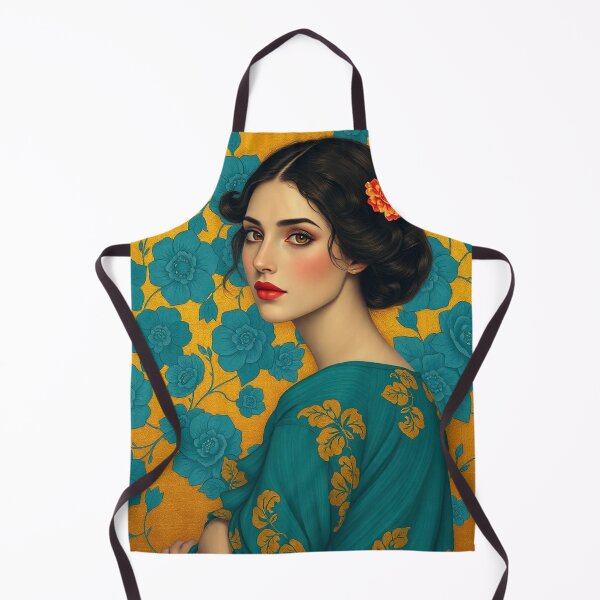 Artikelvorschau, Schöne braunhaarige Dame mit goldenem Hintergrund Illustration inspiriert von Gustav Klimt entworfen und verkauft von Vintage Designs +.