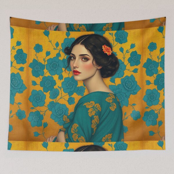 Item preview, Beautiful brown haired lady with golden background illustration inspired by Gustav Klimt designed and sold by Vintage Designs +.