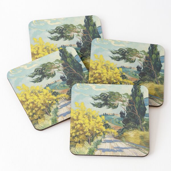 Aperçu de l'œuvre Paysage postimpressionniste provençal | Mimosa et cyprès ensoleillés, peinture inspirée de Van Gogh. Par Carraann créée et vendue par CARRAANN.