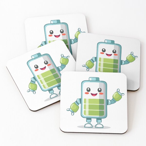Item preview, A cute robot battery icon, smiling, with a tiny plug tail, showing a '100%' charge symbol. cartoon character T-shirt, Sticker designed and sold by Little KAIJU.