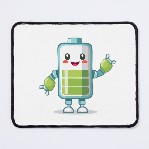 Item preview, A cute robot battery icon, smiling, with a tiny plug tail, showing a '100%' charge symbol. cartoon character T-shirt, Sticker designed and sold by Little KAIJU.