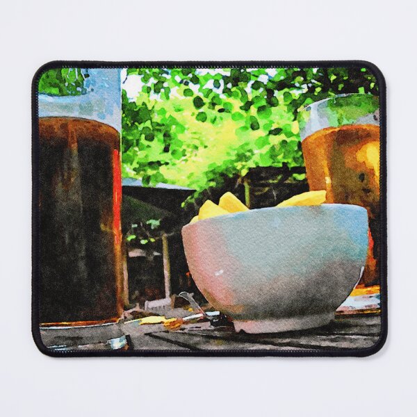 Item preview, Two glasses of beer and snacks on a wooden table outside designed and sold by GestaltImagery.