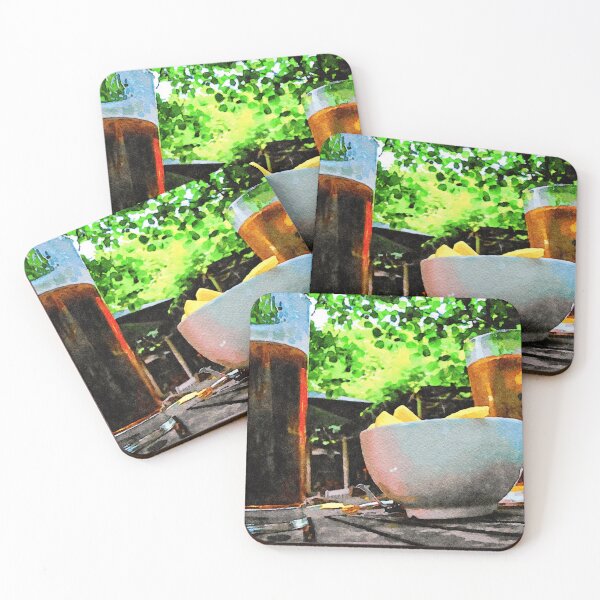Item preview, Two glasses of beer and snacks on a wooden table outside designed and sold by GestaltImagery.