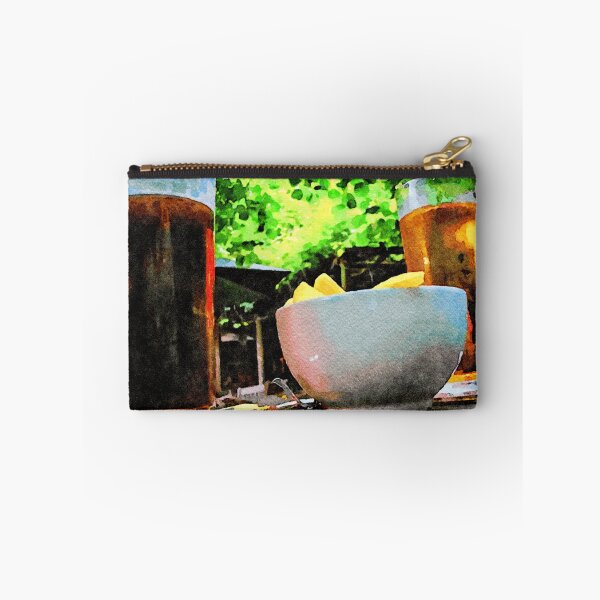 Item preview, Two glasses of beer and snacks on a wooden table outside designed and sold by GestaltImagery.