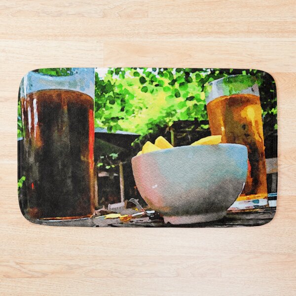 Item preview, Two glasses of beer and snacks on a wooden table outside designed and sold by GestaltImagery.