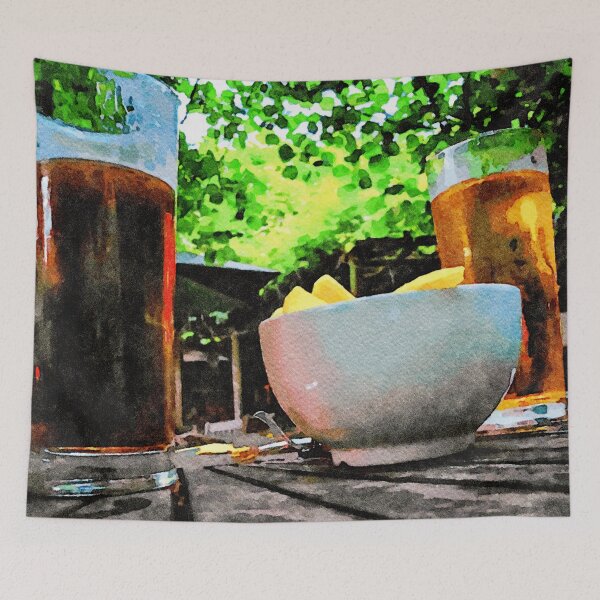 Item preview, Two glasses of beer and snacks on a wooden table outside designed and sold by GestaltImagery.