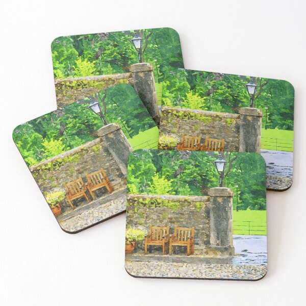 Item preview, Charming garden scene with wooden chairs and stone wall designed and sold by GestaltImagery.