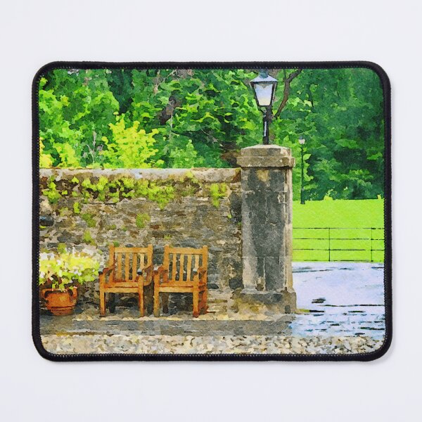 Item preview, Charming garden scene with wooden chairs and stone wall designed and sold by GestaltImagery.