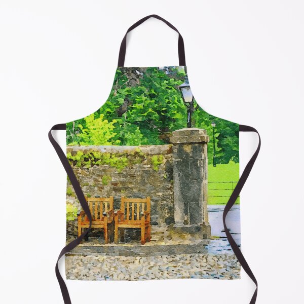 Item preview, Charming garden scene with wooden chairs and stone wall designed and sold by GestaltImagery.