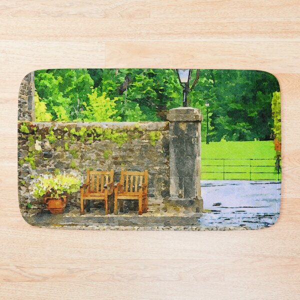 Item preview, Charming garden scene with wooden chairs and stone wall designed and sold by GestaltImagery.
