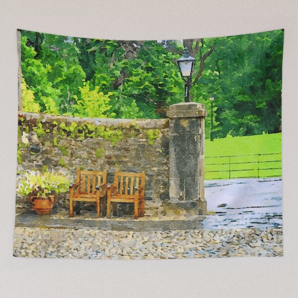 Item preview, Charming garden scene with wooden chairs and stone wall designed and sold by GestaltImagery.