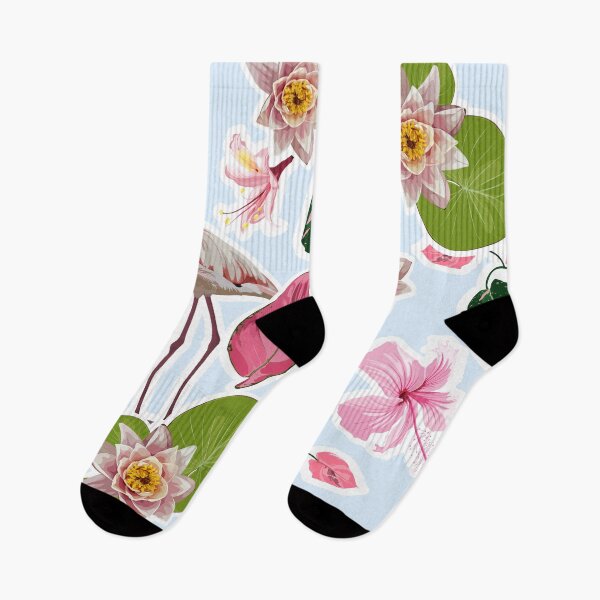 Item preview, Pink flamingo and exotic pink flowers, leaves on blue  background. Floral seamless pattern. Tropical illustration. designed and sold by MatyKotiv.