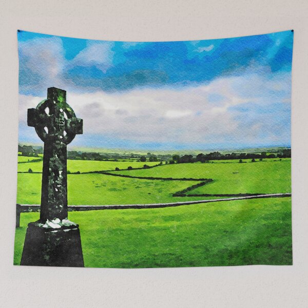 Item preview, Watercolor depiction of the scenic Rock of Cashel and Celtic cemetery cross designed and sold by GestaltImagery.