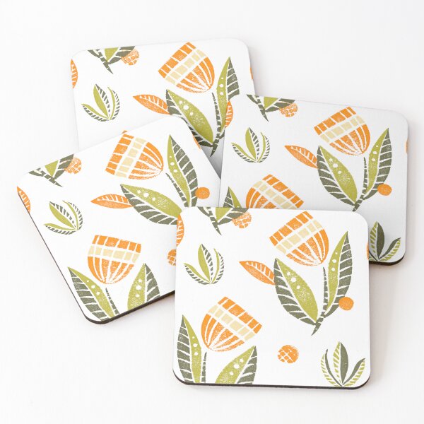 Item preview, Beautiful block printed flower pattern in green and orange on white designed and sold by KOUZZA.