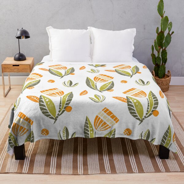 Item preview, Beautiful block printed flower pattern in green and orange on white designed and sold by KOUZZA.