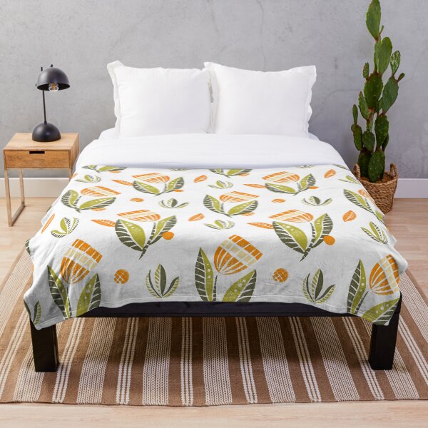 Item preview, Beautiful block printed flower pattern in green and orange on white designed and sold by KOUZZA.