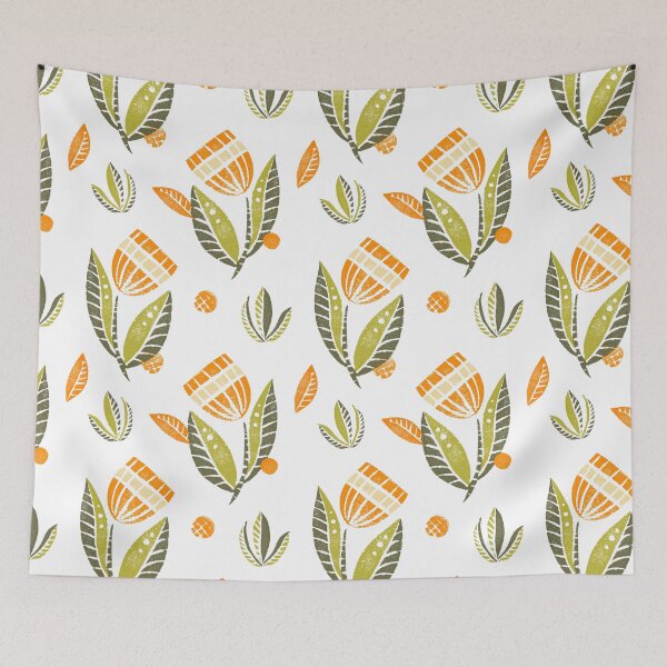 Item preview, Beautiful block printed flower pattern in green and orange on white designed and sold by KOUZZA.