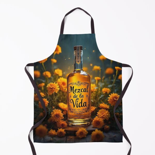 Item preview, bottle of mezcal surrounded by swirling marigold flowers designed and sold by dulceguavashop.